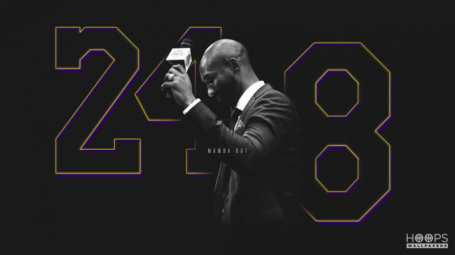 A hoops poster of the basketball star Kobe Bryant with both of his jersey numbers, eight and 24.