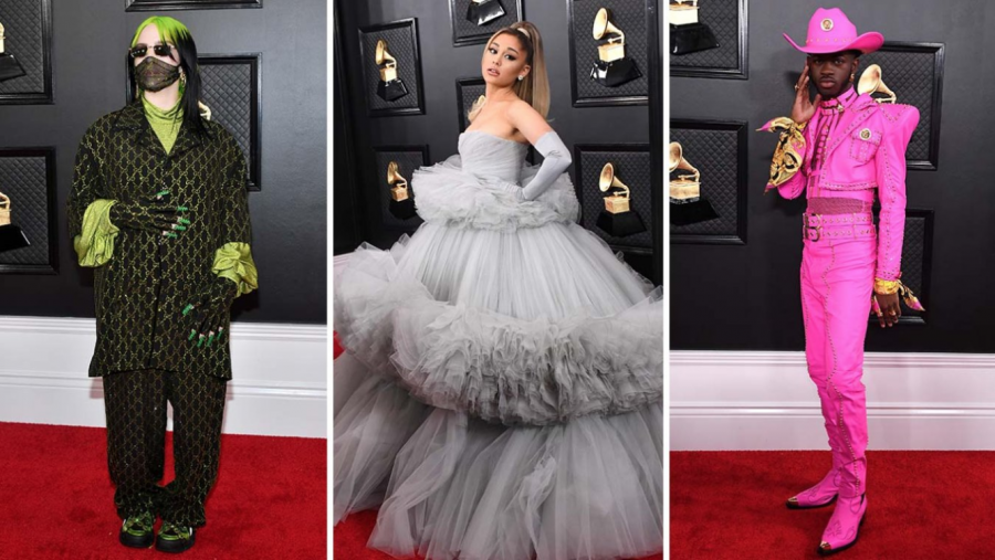 The+2020+Grammys+outfits+of+Billie+Eilish+%28left%29+wearing+a+green+glittery+suit+with+a+mesh+mask%2C+Arianna+Grande+%28middle%29+wearing+a+puffy+grey+dress+and+long+grey+gloves%2C+and+Lil+Nas+X+with+a+neon+pink+cropped+suit+with+studs.