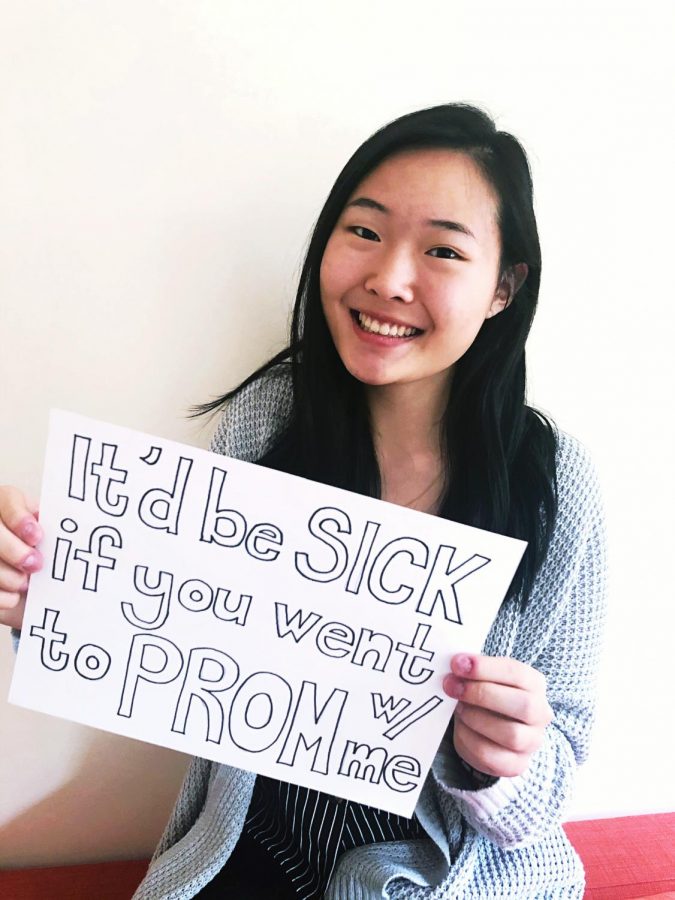 Senior+Miranda+Chung+poses+with+a+prom+proposal+sign.+Because+in-person+school+was+cancelled+so+early%2C+many+seniors+did+not+get+to+do%2Freceive+the+promposals+they+had+dreamed+of.