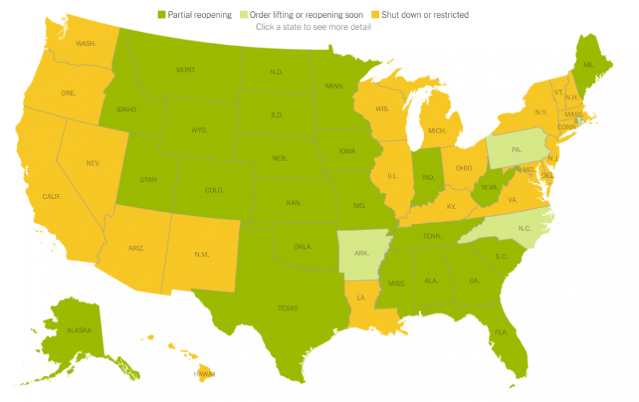  While Maryland is among the states that are still shut-down or have restrictions (gold on the map), other states like Georgia, Iowa and Montana have at least a partial reopening (dark green). Orders are lifting soon in Pennsylvania and North Carolina (pale green), even though no U. S. state has had their cases decrease for 14 days, something President Trumps plan recommended before Governors should reopen their states.