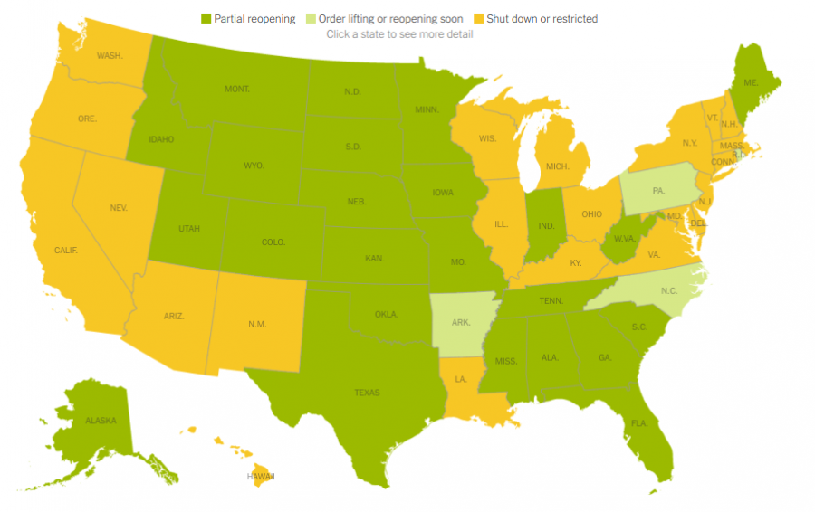 +While+Maryland+is+among+the+states+that+are+still+shut-down+or+have+restrictions+%28gold+on+the+map%29%2C+other+states+like+Georgia%2C+Iowa+and+Montana+have+at+least+a+partial+reopening+%28dark+green%29.+Orders+are+lifting+soon+in+Pennsylvania+and+North+Carolina+%28pale+green%29%2C+even+though+no+U.+S.+state+has+had+their+cases+decrease+for+14+days%2C+something+President+Trumps+plan+recommended+before+Governors+should+reopen+their+states.