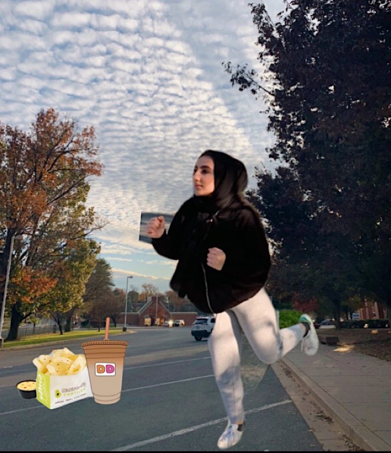 Senior Fatima Yazdi poses on her Senior Skip Day with food purchased at the local shopping center. Because of the cancellation of in-person school, these trips no longer occur.