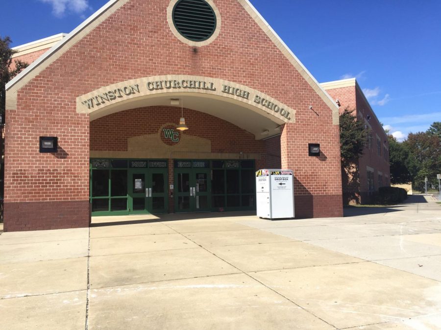 An offical drop box from the state of Maryland for the 2020 election sits outside the main enterance at Winston Churchill High School in Potomac, Md. on Oct. 18.