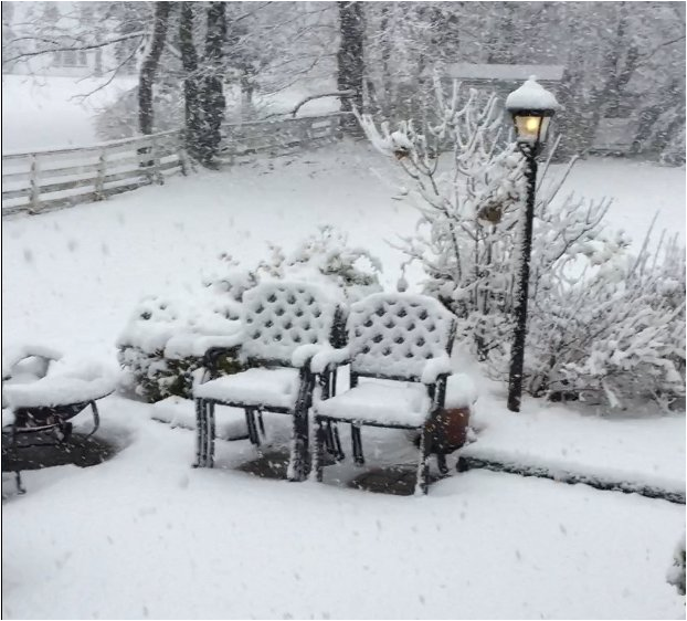 Snow piles up during a snow storm in Potomac, Md. during the winter of 2016.