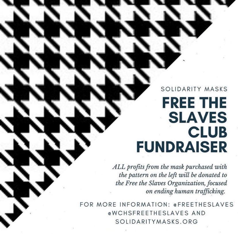 An infographic posted by the Free the Slaves Club Instagram advertsing their partnership with Solidarity Masks and displaying the houndstooth pattern of the Free the Slaves masks. 