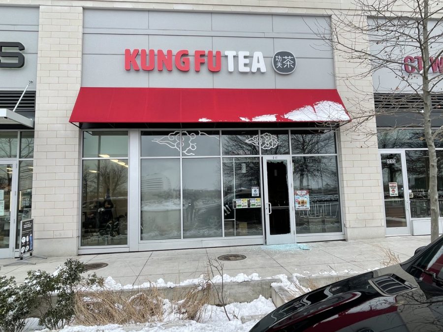 Broken glass scatters on the ground outside of the Kung Fu Tea store in Columbia, Md. that was burglarized early morning on Feb. 12th, 2021, the day of Lunar New Year. Hate crimes against Asian Americans have increased due to the COVID-19 pandemic. 