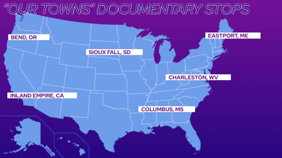 A map of where the Follows traveled during their documentary , Our Towns. The trip took them from the west coast of California, to the Atlantic Oceans shoreline in Maine to South Dakota.