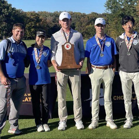 Phoebe Qian and her teamates pose with their state finalist trophy and medals. She played a key role in their great finished as she shot a 77 in her final round.