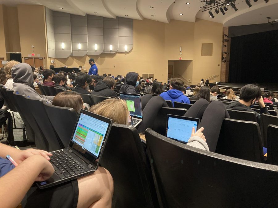 Students fill the auditorium as teachers struggled to find substitute teachers to cover their classes during the rise in Omicron cases. 