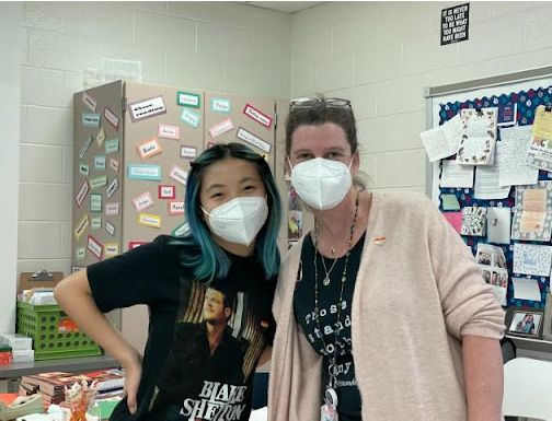 Student advisor Kaylen Chang (pictured left), and club teacher Aishling McGinty (pictured right) pose next to each other in at the GSA Club meeting held on February 8, 2022.