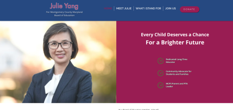 The homepage of Julie Yangs campaign website, julieyang.org. Yang is running to represent District 3 on the Montgomery County Board of Education.