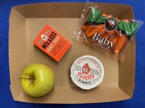 A tray with carrots, hummus, dried fruit and an apple sits on a students plate. It contains the few kosher items a student might eat on an average day.