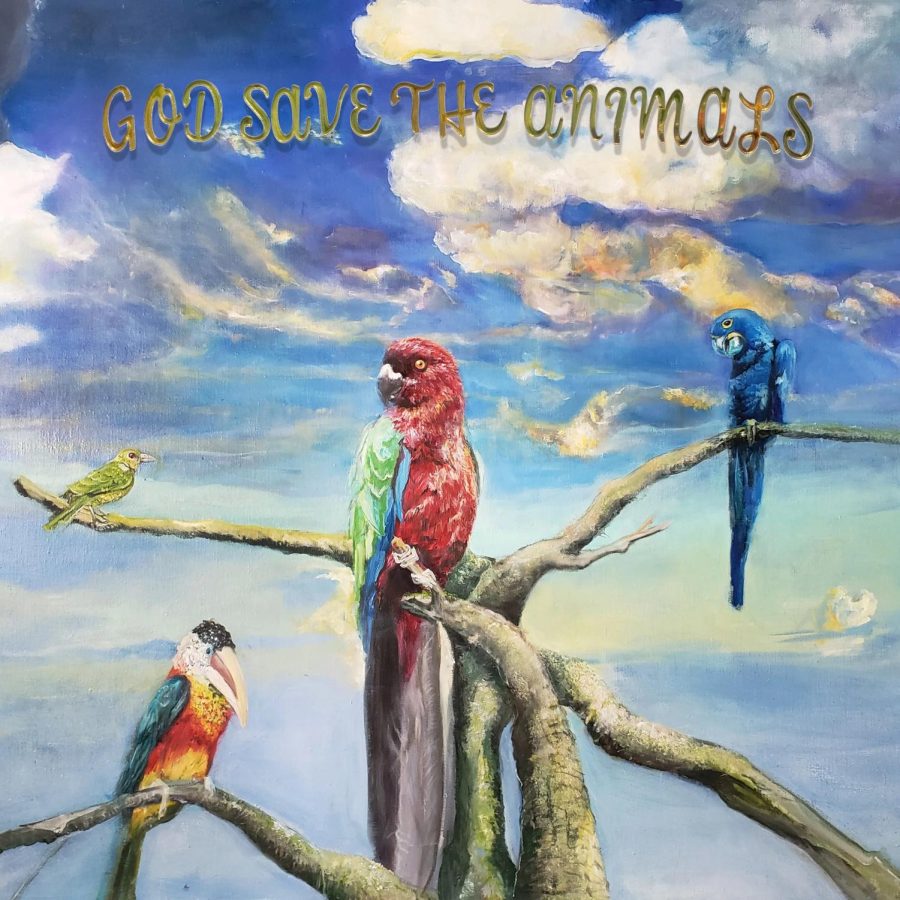 The cover of Alex G’s new album, “God Save The Animals,” includes a painting of four parrots perched on top of a barren tree.