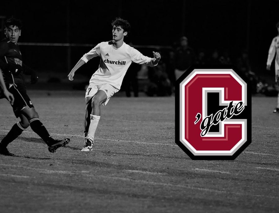 WCHS senior Rory Brookhart during a soccer game, with the Colgate logo showing his commitment.