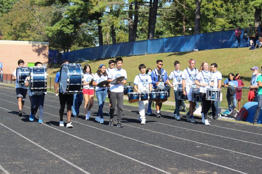 Once a week, the drumline gets together to practice for their performances at pep rallies and football games. 