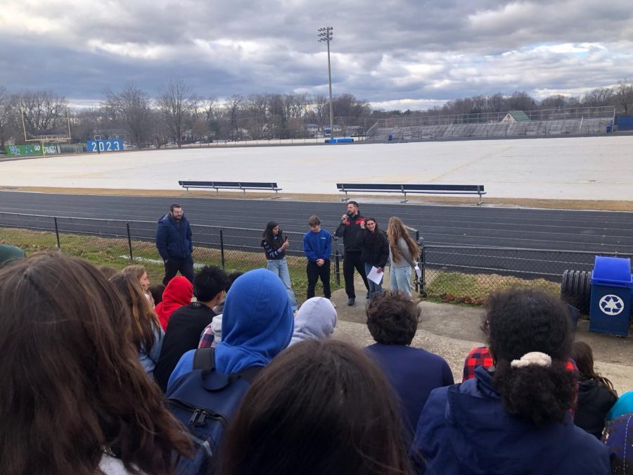 WCHS+students+gathered+outside+in+the+cold++weather+on+January+23%2C+2023+to+listen+to+executive+board+members+of+the+WCHS+Jewish+Student+Union%2C+Oriya+Appel+and+Leah+Kreisler%2C+speak+about+the+battle+against+antisemitism.