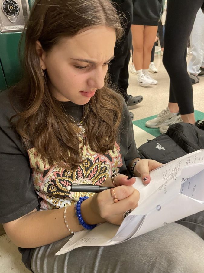 WCHS sophomore Julia Bloise does math homework during lunch in an effort to relearn Algebra I concepts that she learned during virtual school.