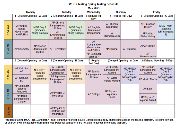 WCHS is operating on a new testing schedule for the first two weeks of May to accommodate for AP Exams and state-mandated testing.