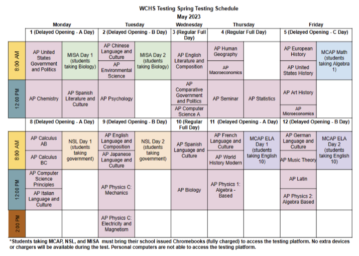 WCHS+is+operating+on+a+new+testing+schedule+for+the+first+two+weeks+of+May+to+accommodate+for+AP+Exams+and+state-mandated+testing.