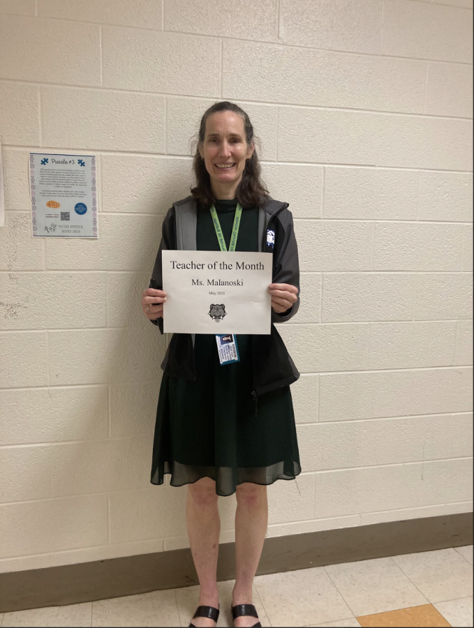 Ms. Malanoski smiles while holding her Teacher of the Month certificate. She has been teaching various math classes at WCHS for 23 years and teaching for 27 years in total.