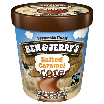 Ben & Jerrys Salted Caramel Core ice cream container. The ice cream is salted caramel flavored with blonde brownies inside.