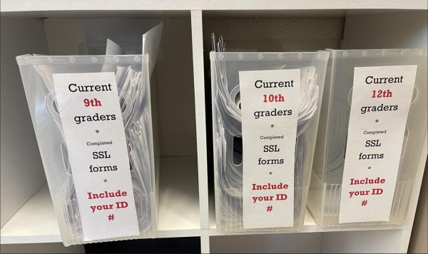 The bin for students to turn in their SSL forms is located in the counseling office. All students must submit the form to get credit and reach the 75 hour requirement.