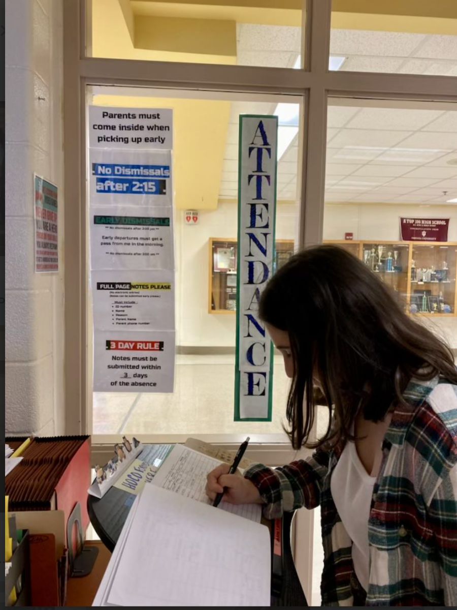 WCHS senior Kira Bernstein checks into the main office per the new attendance rules. Now, attendance is handled in the main office instead of the previous attendance office.