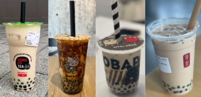 Pictured from left to right are the boba drinks from Kung Fu Tea, Tiger Sugar, Boba Pop, and Gong-Cha.
