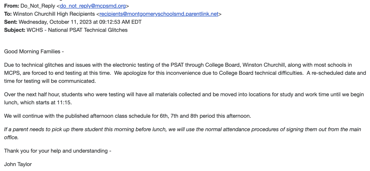 On Oct. 11, 2023, Principal John Taylor sent out an email to the WCHS community about the cancellation of the PSAT. 