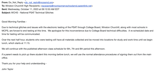 On Oct. 11, 2023, Principal John Taylor sent out an email to the WCHS community about the cancellation of the PSAT. 