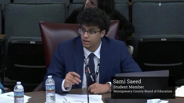 MCPS SMOB Sami Saeed presenting his Safe Schools Resolution to the BOE on Oct. 26. One of Saeeds biggest goals as SMOB is to increase safety and security in s