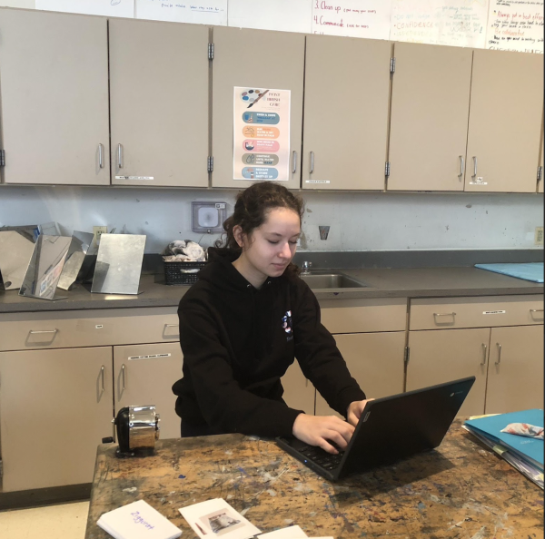 WCHS junior Emilia Desiderioscioli uses her school provided chromebook to study. This year, WCHS students must only use school-provided chromebooks while at school, this has both positive and negative consequences.
