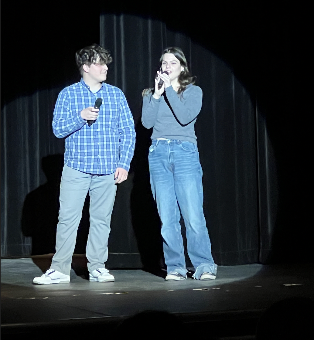 WCHS seniors Joey Kaplan and Eric Bomfim cohost the WCHS talent show produced by the 2024 SGA  on December 6, 2023.