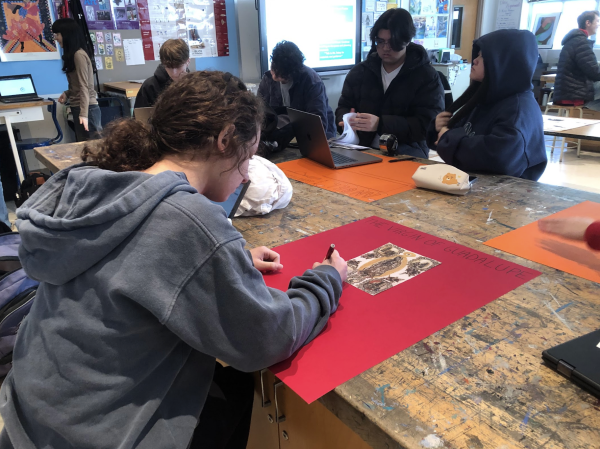 WCHS junior Emilia Desiderioscioli works on her recreation of the Virgin of Guadalupe during AP Art History. APAH gives students the understanding of how art has been made over time, not just how to make it.
