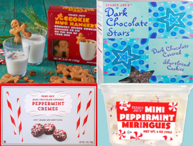 Cookie Mug Hangers, Dark Chocolate Stars, Peppermint Cremes, and Mini Peppermint Meringues are some of Trader Joes popular seasonal treats. 