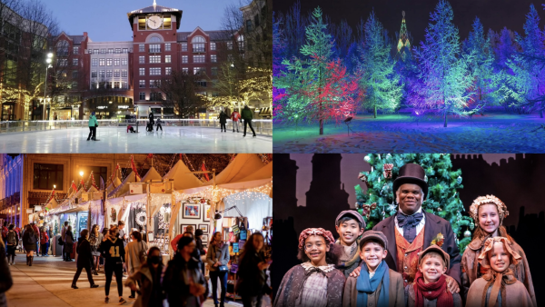 Pictured from left to right: Rockville Town Squares Ice Skating Rink, Winter City Lights, Downtown Holiday Market, Ford’s Theatre “A Christmas Carol.