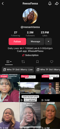 On the social media platform TikTok, user @reesateesa posts her infamous series Who TF Did I Marry? and interactions with fans through tiktok live.