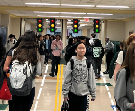 WCHS students navigate the new hallways as they walk down the lanes and follow the traffic light system.