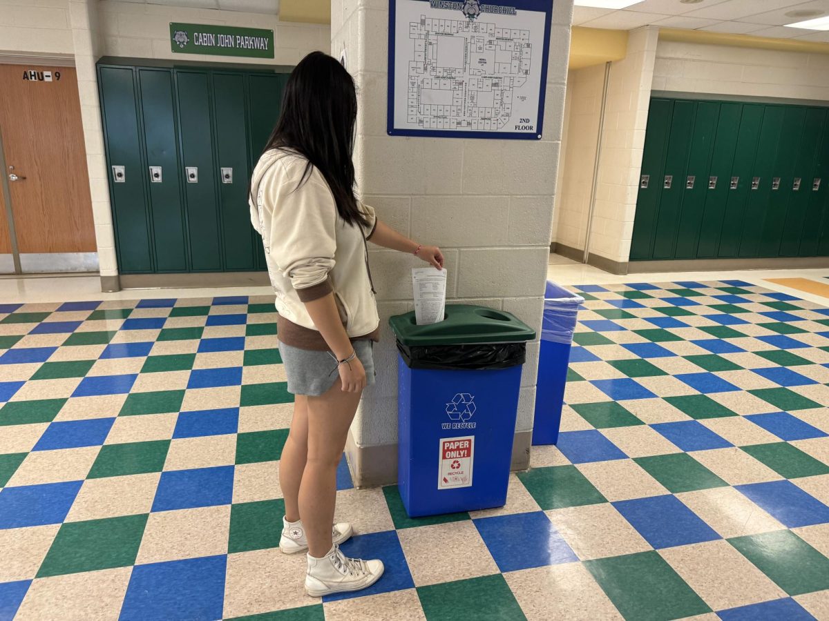 WCHS junior Thao Nguyen recycles an old work sheet in order to help save the Earth. All WCHS students should make sure to do this.