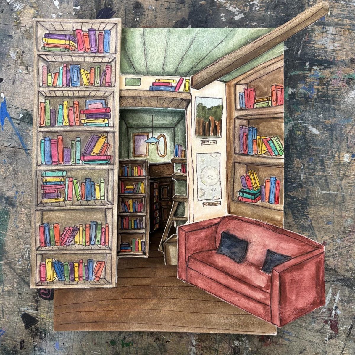 Eliana Lapidus's "The Library" piece displayed in the art hallway and in the WCHS Art Show. Lapidus created the piece with inspiration from Sherlock Holmes.