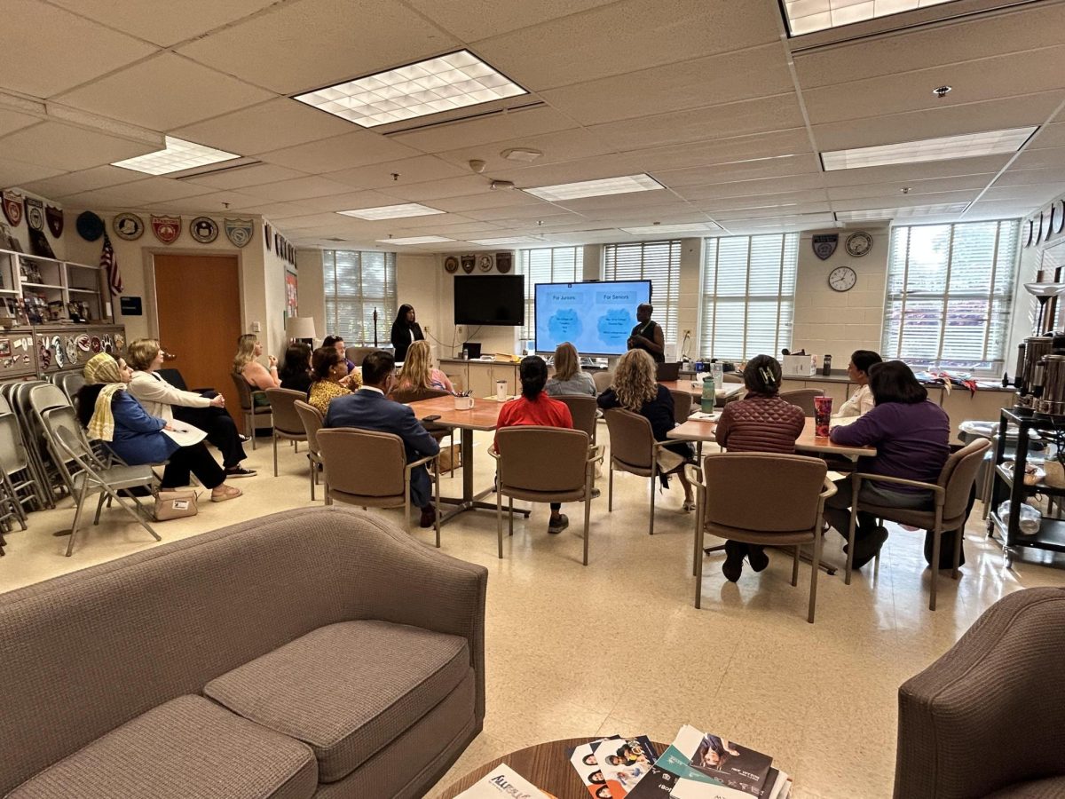 A "Coffee and Conversations" meeting is held for parents in the College and Career Information Center on April 23, 2025. The meeting informed parents about helping juniors in the college selection process, and several parents attended the meeting.