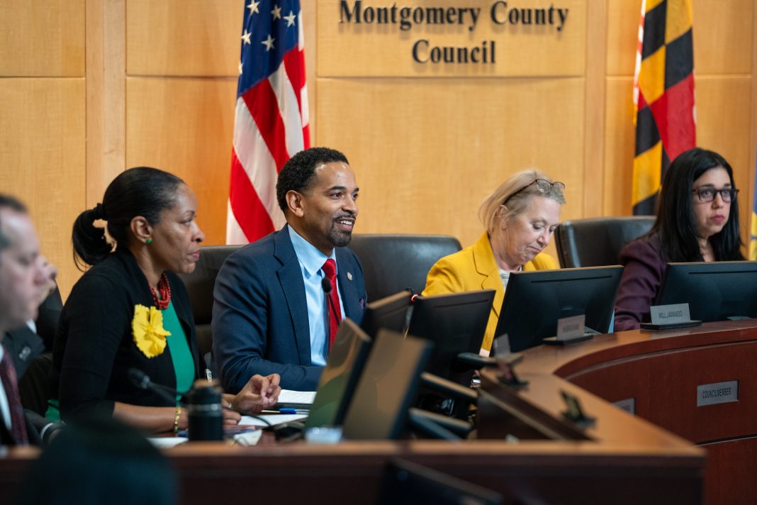 Montgomery County Councilmember Will Jawando speaks at a meeting of the County Council. Jawando is one of a few candidates running to replace Marc Elrich as County Executive, leaving Jawando's own seat open for the taking this election cycle.