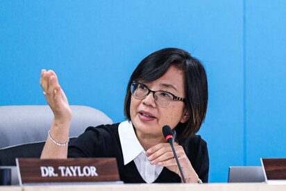 Julie Yang discusses priorities facing Montgomery County Public Schools during a Board of Education meeting after being elected board president for the upcoming year. The meeting was held at MCPS headquarters to outline goals and leadership plans for the district.