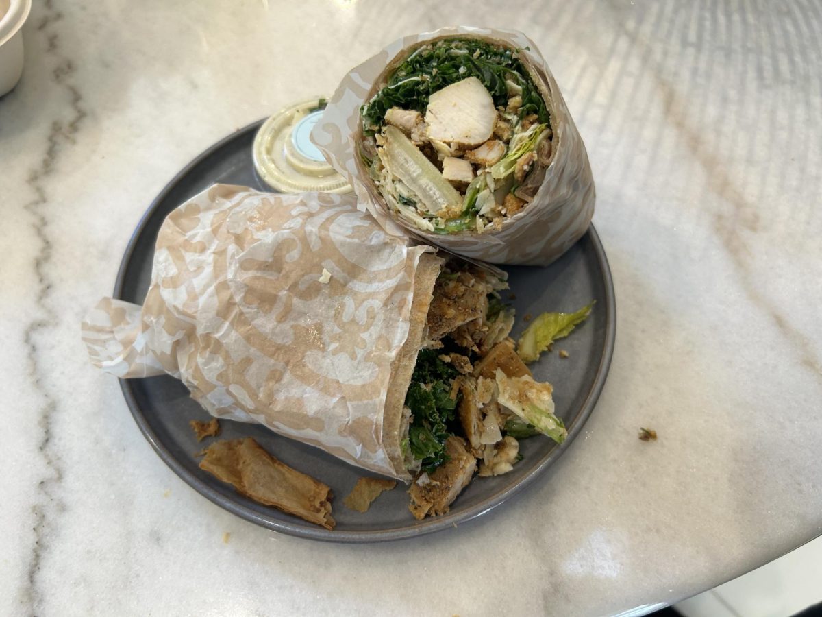 Pura Vida's amazing chopped caesar salad wrap. The wrap has a mix of romanine hearts and lettuce, giving the perfect crunch for each bite. The sauce blends perfectly with the overall flavor, making it so that it is not too dry.